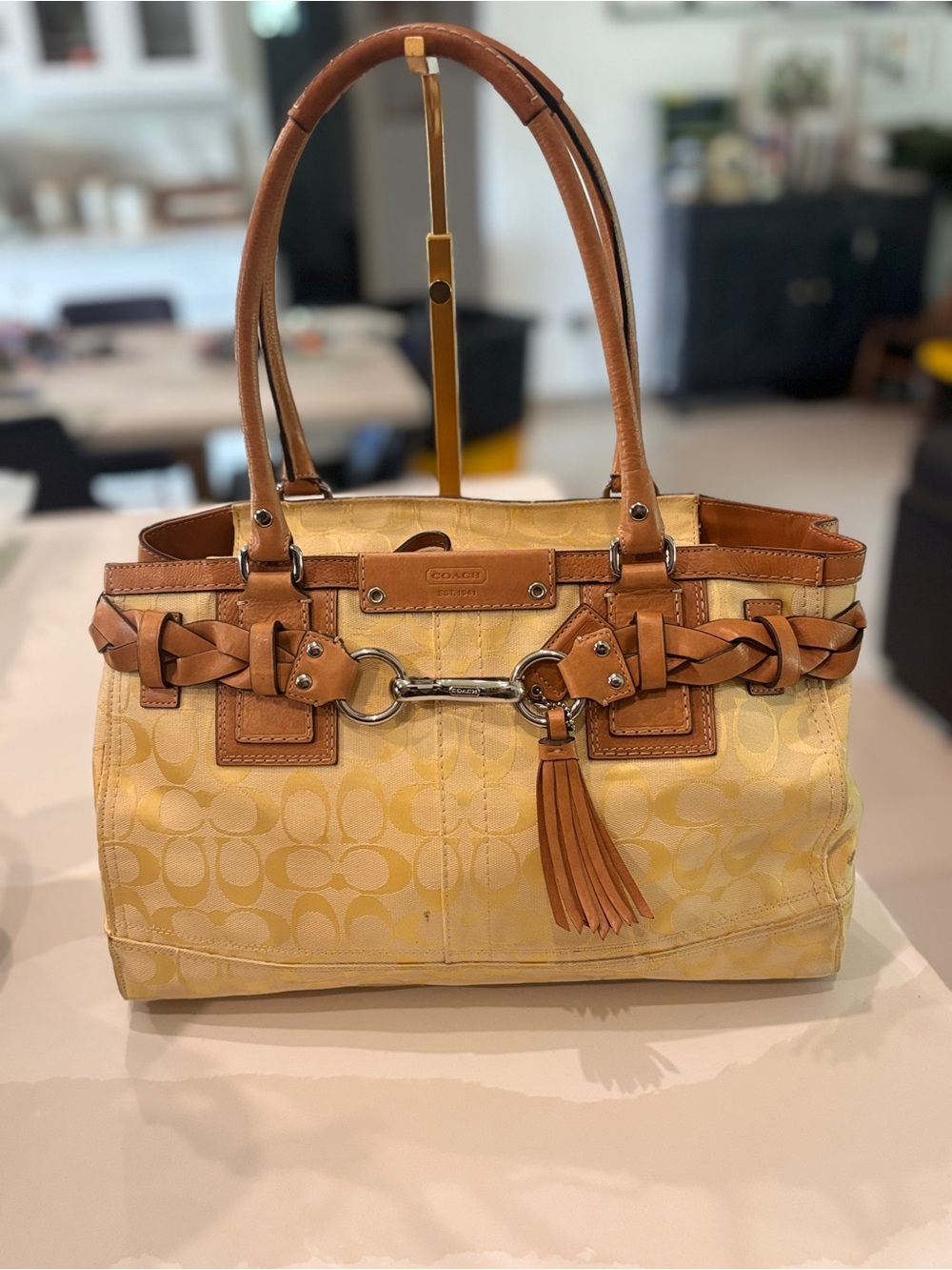 Coach Yellow Signature Canvas Shoulder Bag with Tan Leather Trim